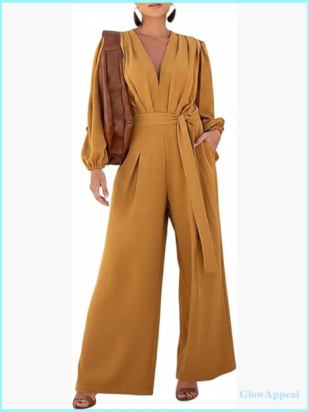 Elegant Long Puff Sleeve Jumpsuit Deep V Neck Tie Waist Wide Leg Pants Romper